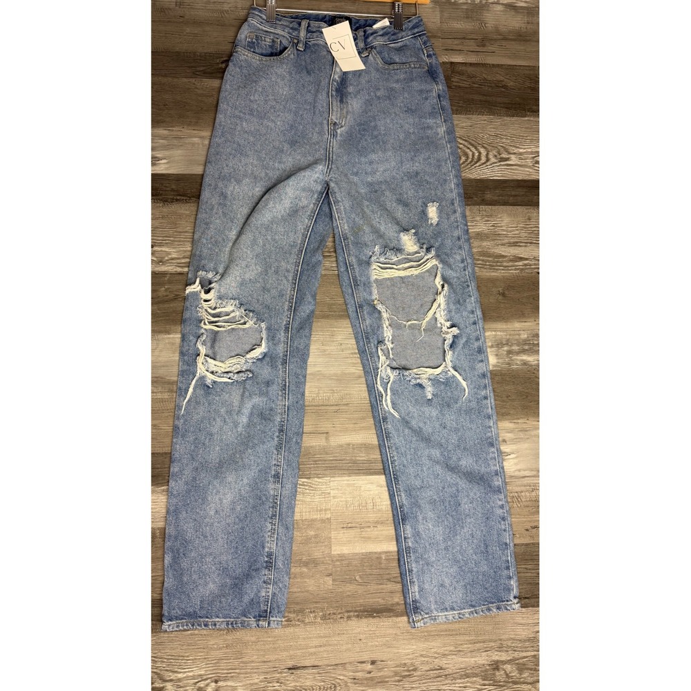 Simple Society Womens High Rise Distressed Wide Leg Jeans Light Wash Blue 5/27